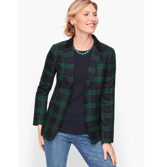 Talbot Tartan Plaid Peplum Blazer Size 8P Green Wool Blend - Picture 1 of 14